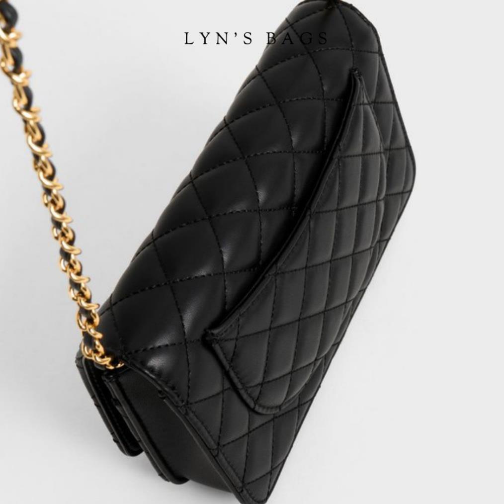 Quilted Push Lock Clutch Túi Trám Đen Trắng Thanh Lịch