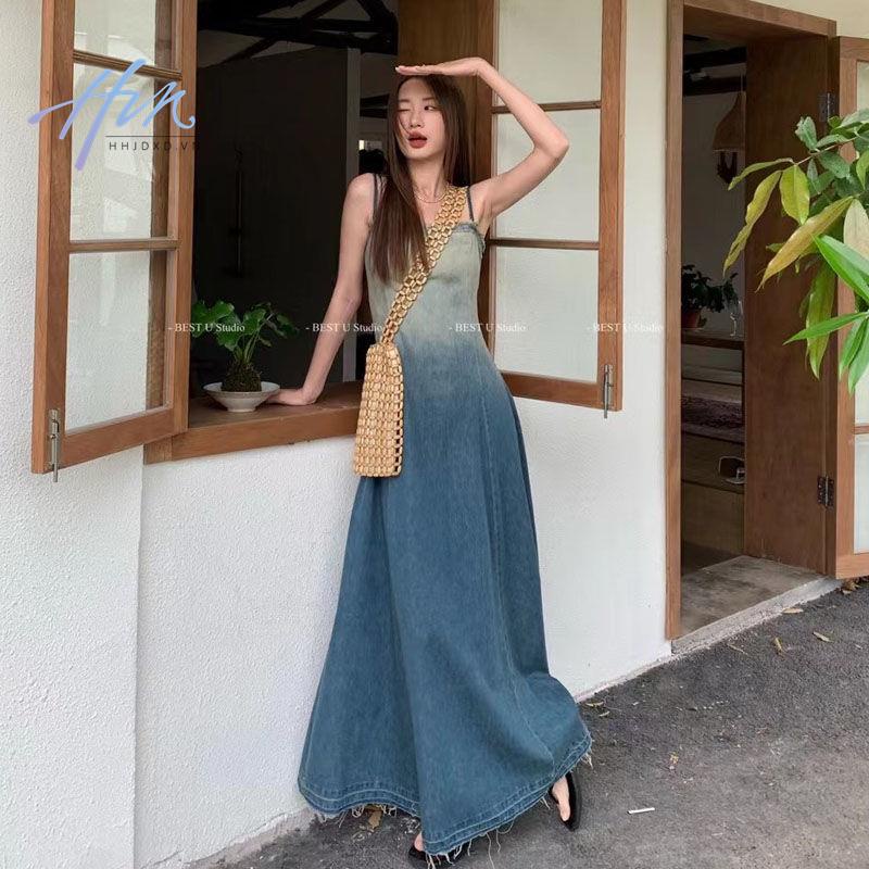 Đầm Denim Hai Dây Màu Gradient Phong Cách Retro Cho Nữ