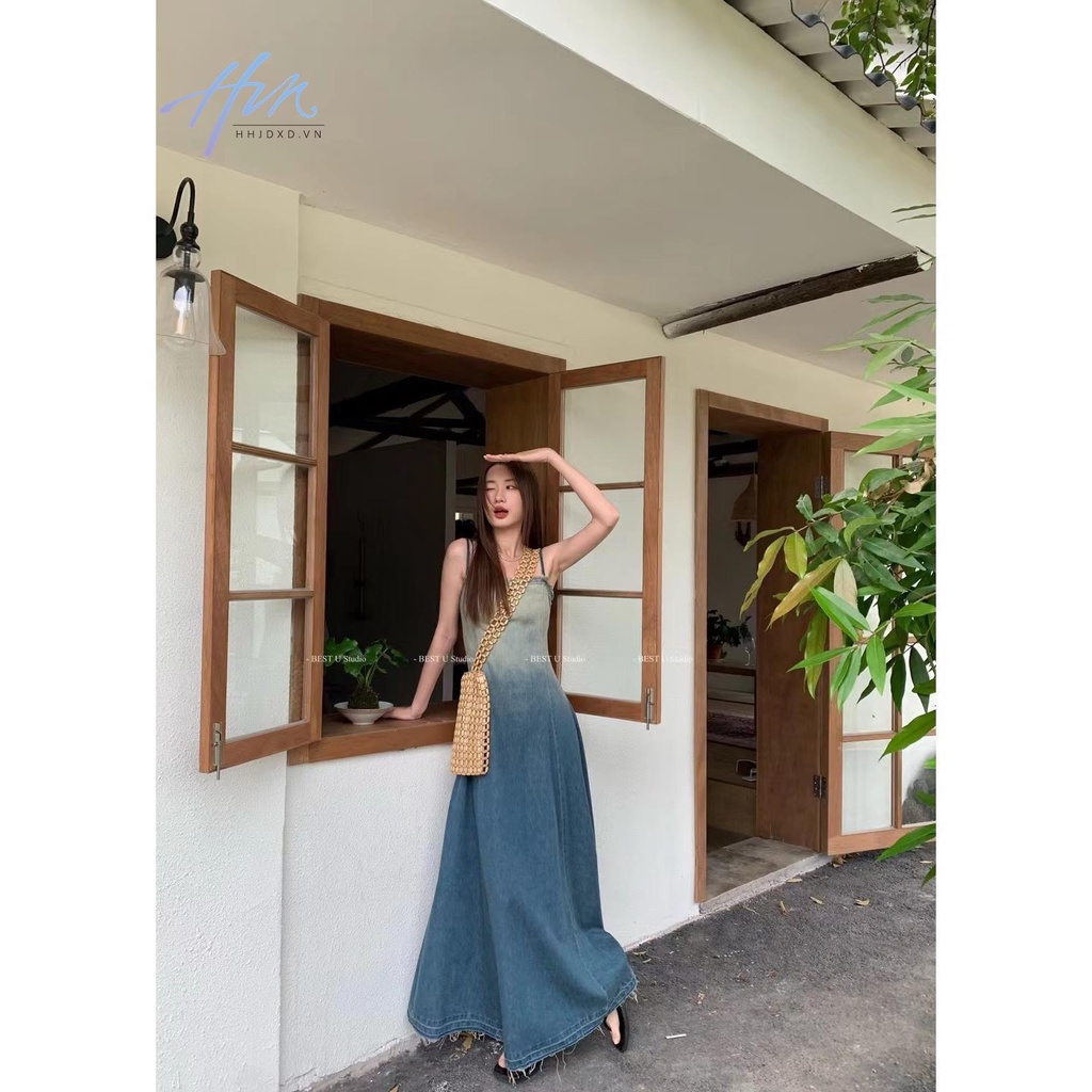 Đầm Denim Hai Dây Màu Gradient Phong Cách Retro Cho Nữ