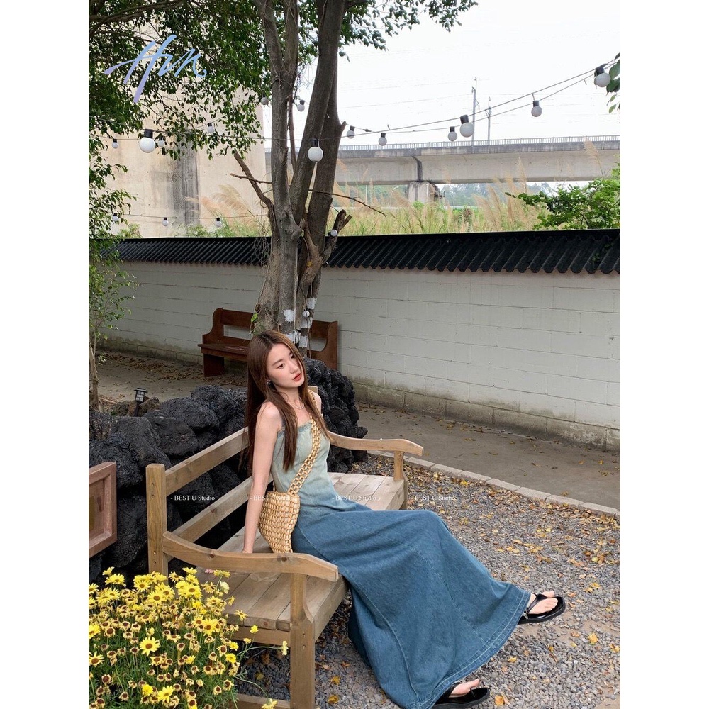 Đầm Denim Hai Dây Màu Gradient Phong Cách Retro Cho Nữ