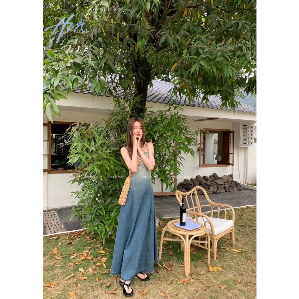 Đầm Denim Hai Dây Màu Gradient Phong Cách Retro Cho Nữ