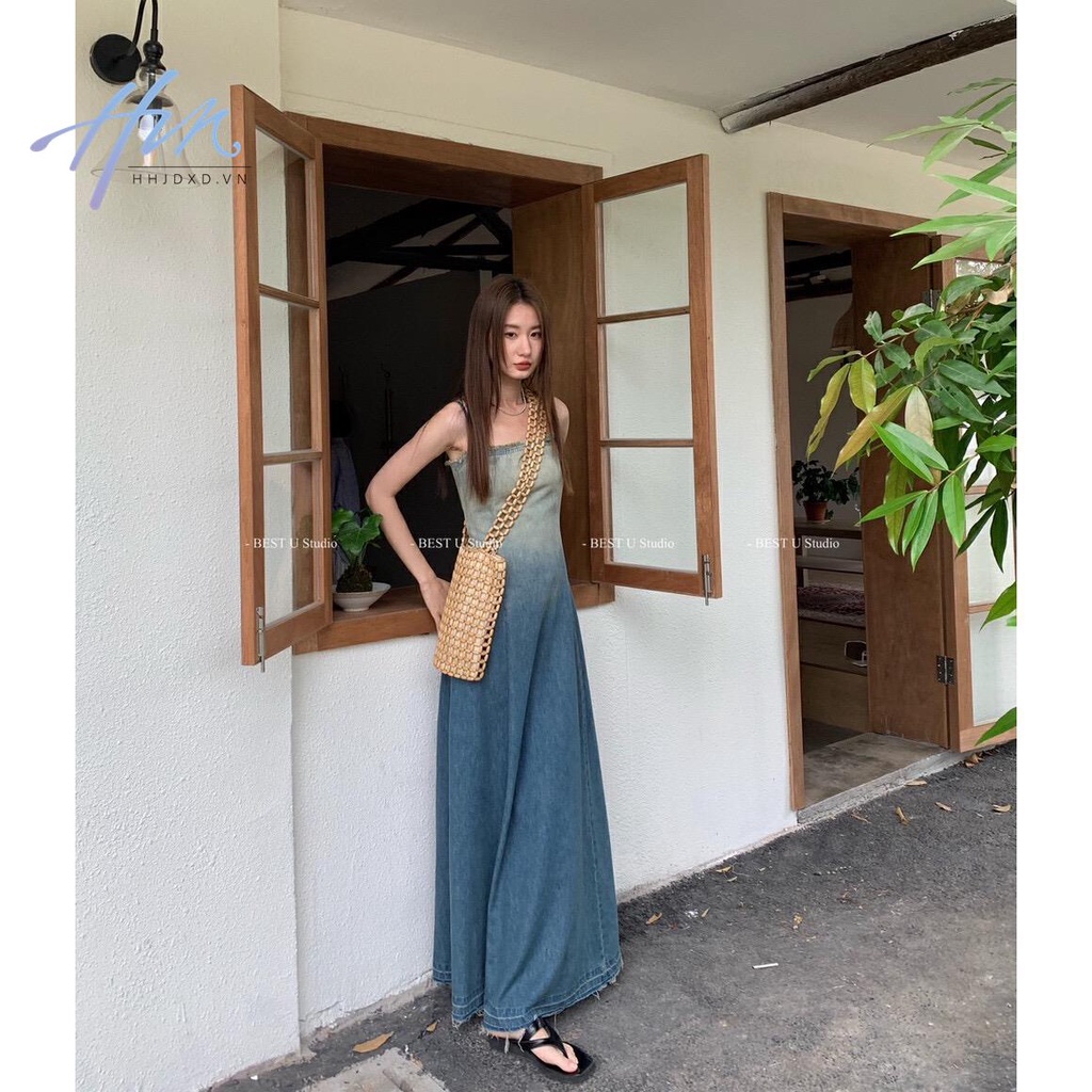 Đầm Denim Hai Dây Màu Gradient Phong Cách Retro Cho Nữ