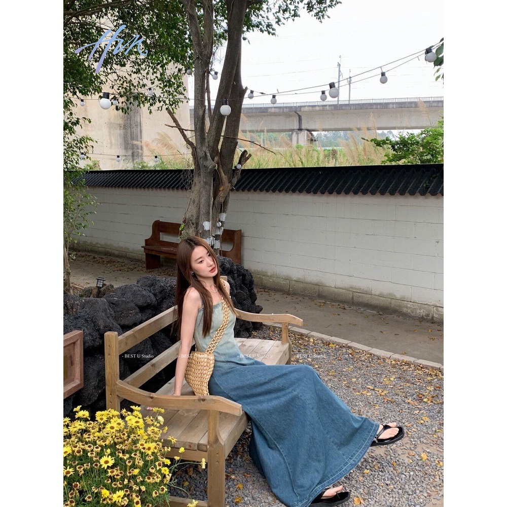 Đầm Denim Hai Dây Màu Gradient Phong Cách Retro Cho Nữ