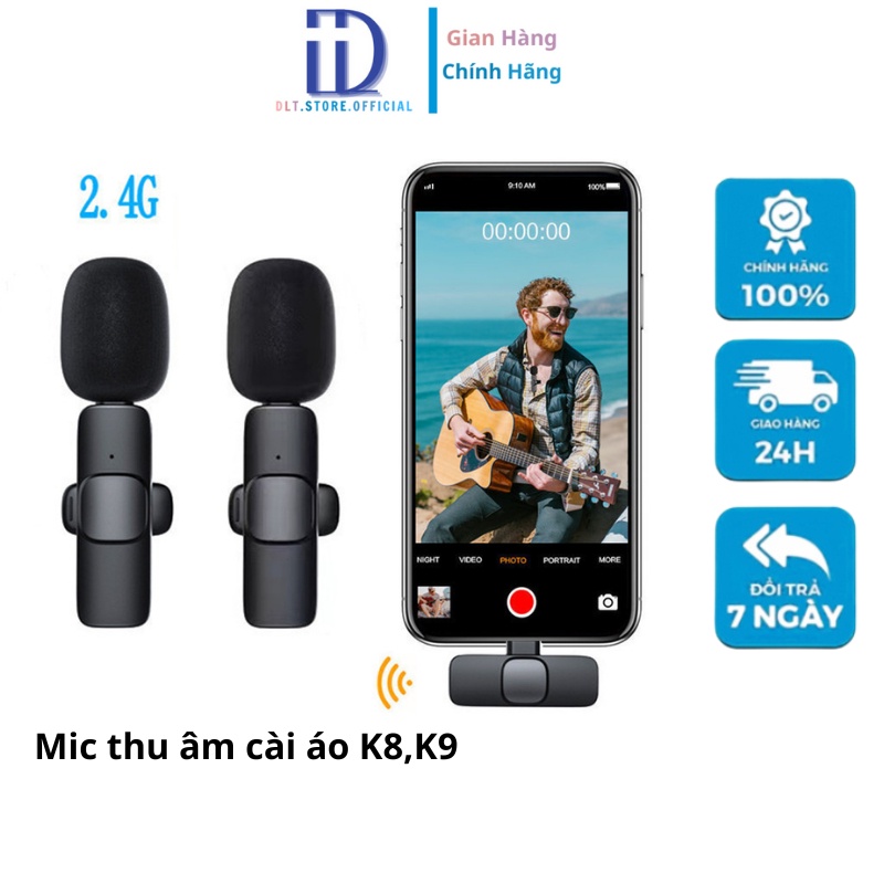 Bộ 2 micro thu âm không dây cài áo K9 khử tiếng ồn để livestream ghi âm phát trực tiếp quay video Chính Hãng DL TECH