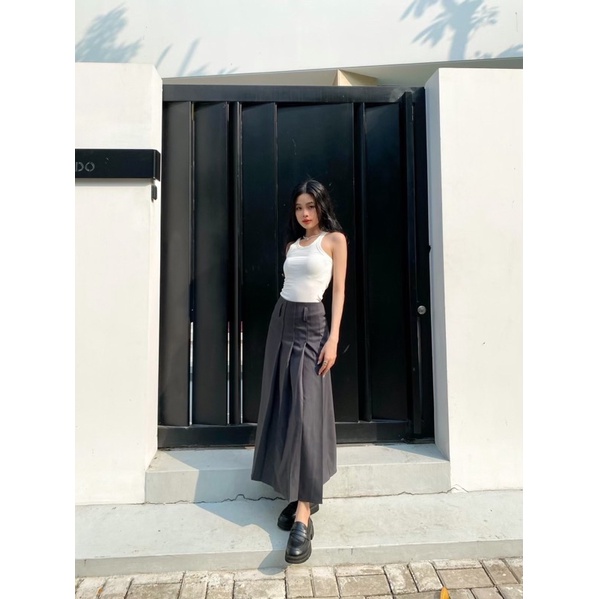 Chân váy midi ulzzang xếp ly lệch bên dáng dài không kèm dây nịt