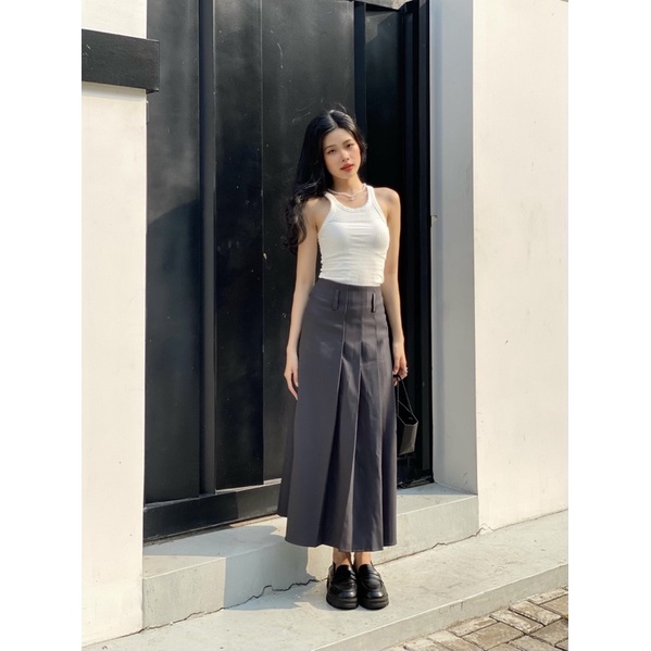 Chân váy midi ulzzang xếp ly lệch bên dáng dài không kèm dây nịt