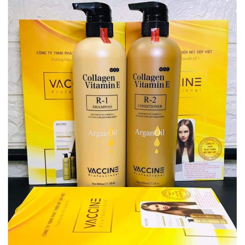 Cặp GỘI XẢ COLLAGEN VITAMIN E VACCINE 800ML X2 Cho Tóc Suôn Mượt Hương Thơm Quyến Rũ