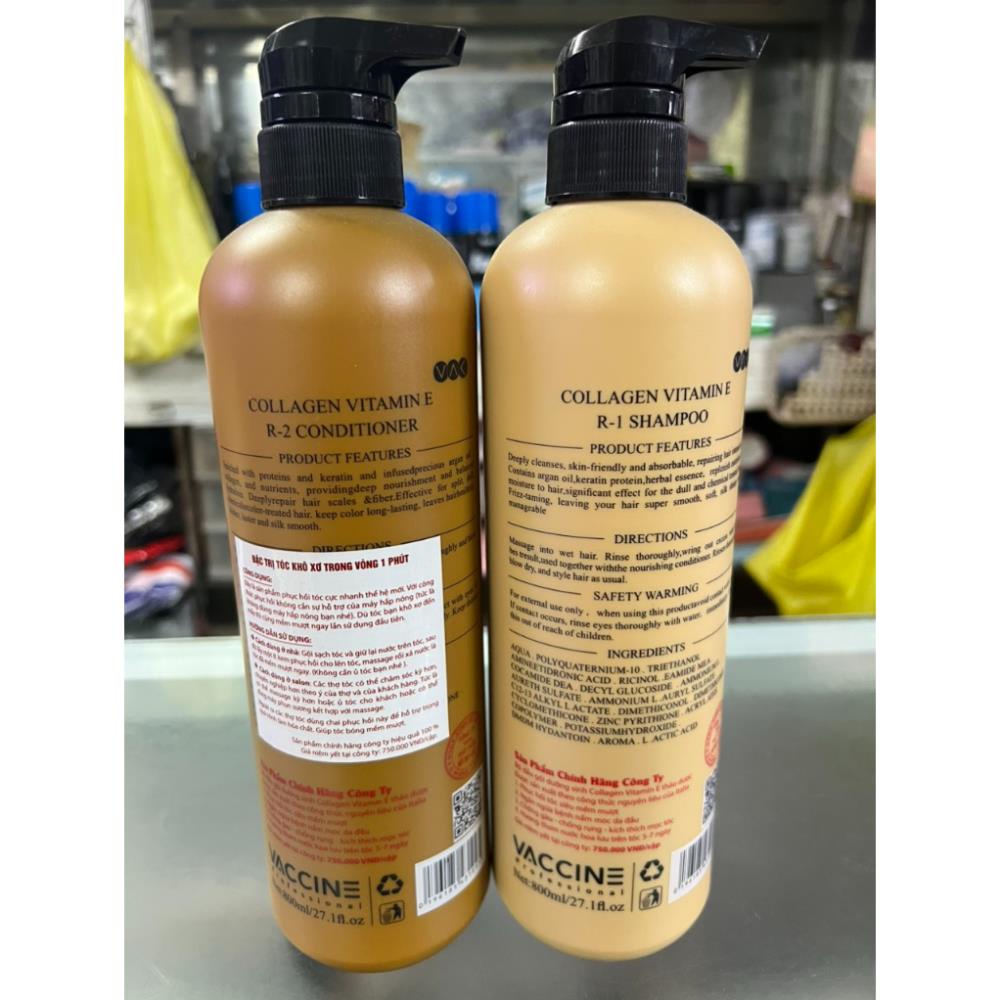 Cặp GỘI XẢ COLLAGEN VITAMIN E VACCINE 800ML X2 Cho Tóc Suôn Mượt Hương Thơm Quyến Rũ