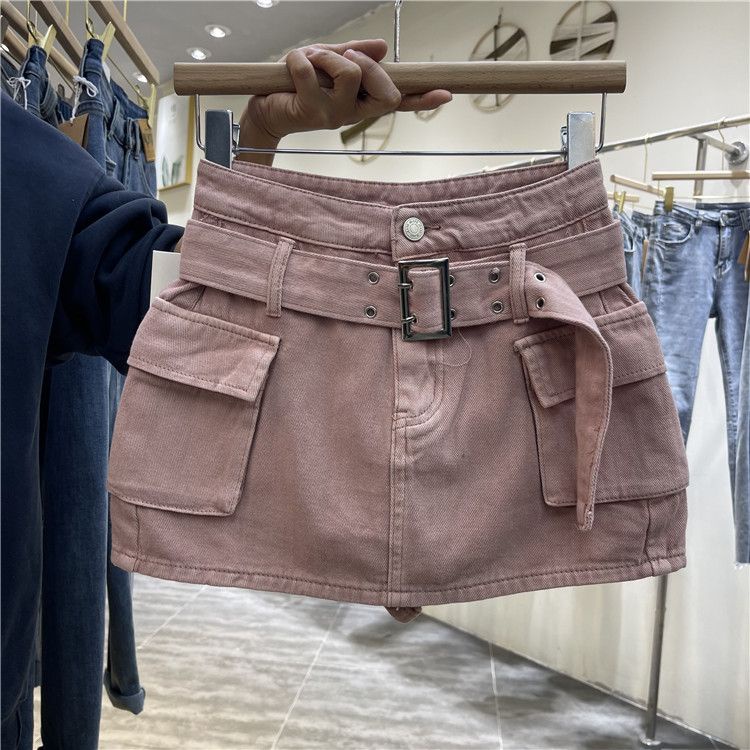 Jiashucheng Chân Váy Denim Phối Túi Thời Trang Xuân Hè Cá Tính