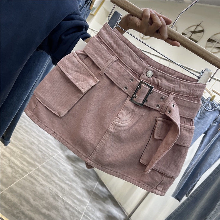 Jiashucheng Chân Váy Denim Phối Túi Thời Trang Xuân Hè Cá Tính