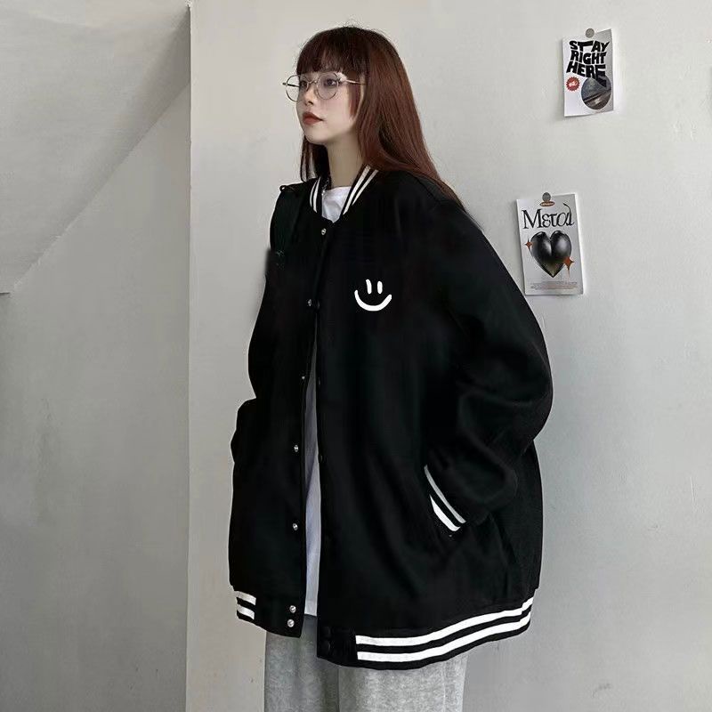 Áo Khoác Bóng Chày Mỏng Dáng Rộng Cỡ Lớn Màu Đen Phong Cách Hàn Quốc Thời Trang Cho Nữ