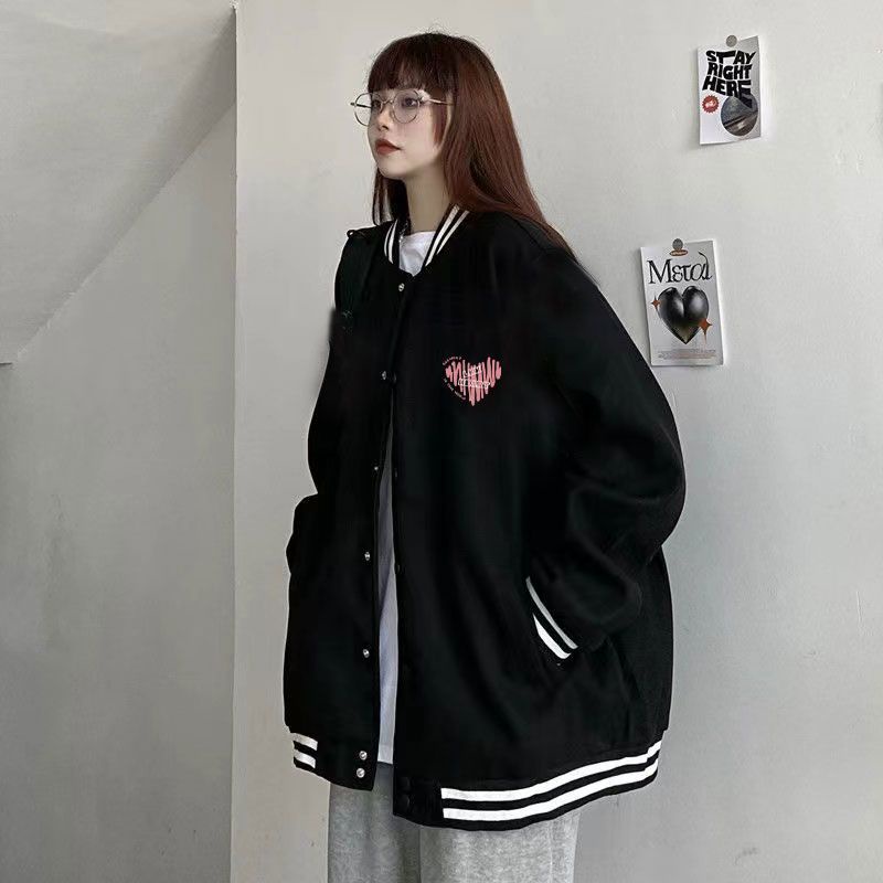 Áo Khoác Bóng Chày Mỏng Dáng Rộng Cỡ Lớn Màu Đen Phong Cách Hàn Quốc Thời Trang Cho Nữ