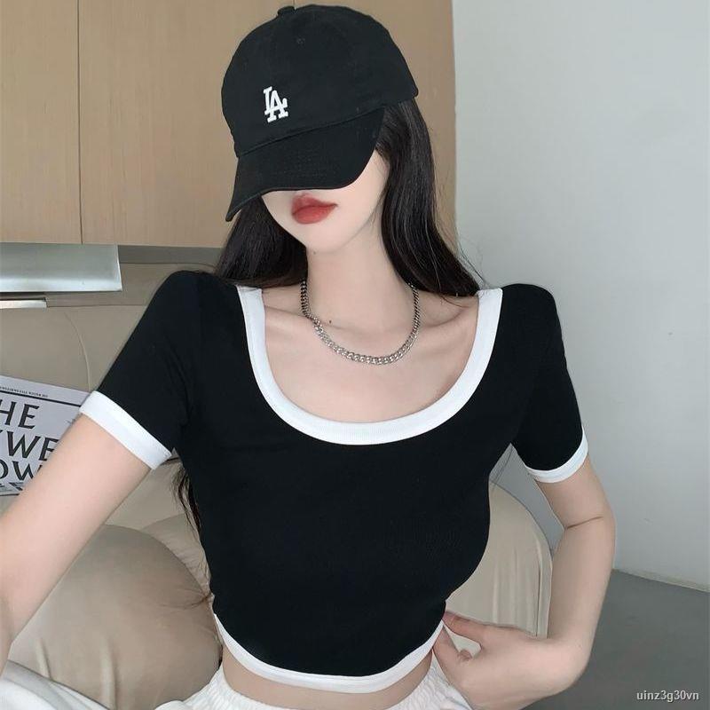 ☺️Phong cách mong muốn thuần khiết hot girl gợi cảm cổ chữ u màu hồng áo thun ngắn tay nữ niche sang trọng áo ngắn độc đ