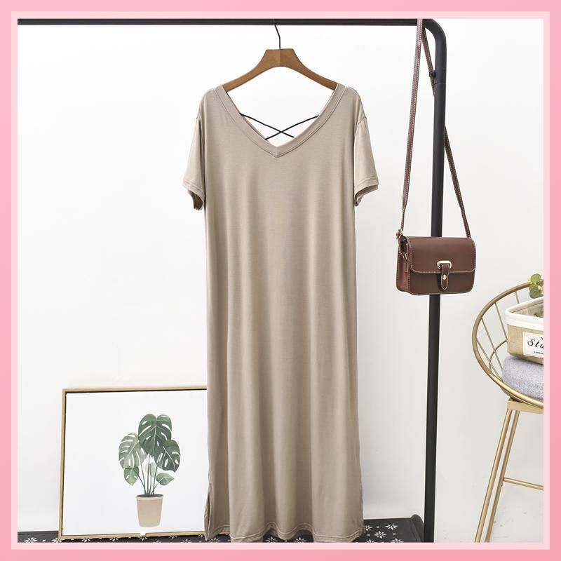 Đầm Ngủ Dài Dáng Rộng Tay Ngắn Cổ Chữ v Hở Lưng Có Size Lớn Thời Trang Mùa Hè Cho Nữ