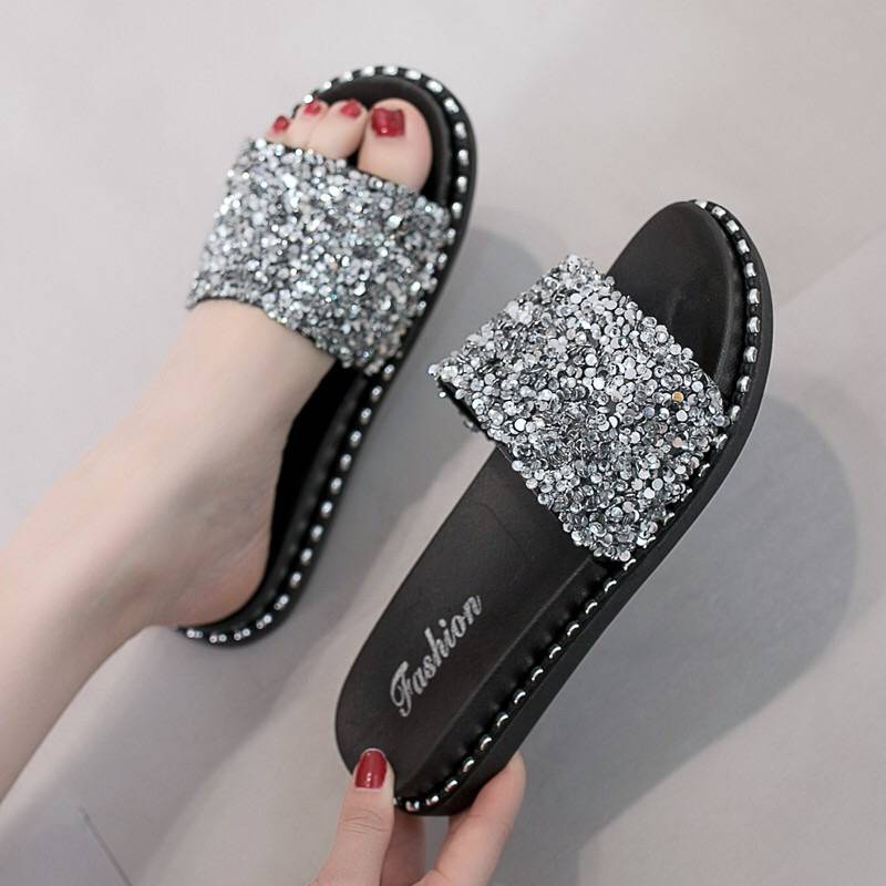 Giày Sandal Đế Dày Đính Kim Sa Lấp Lánh Thời Trang Mùa Hè Phong Cách Hàn Quốc Cho Nữ