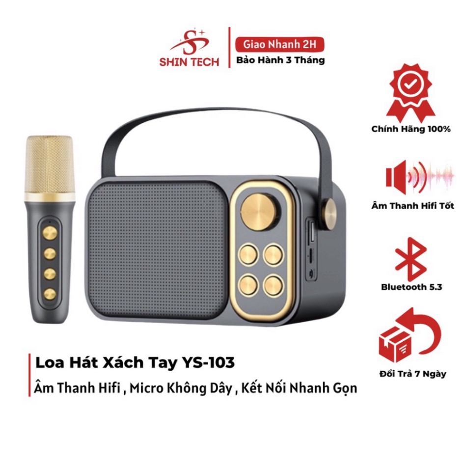 Loa Karaoke Bluetooth YS-103 Kèm 1 Micro Không Dây, Âm Thanh Siêu Hay, Thiết Kế Sang Trọng Nhỏ Gọn Tiện Lợi-ShinTech