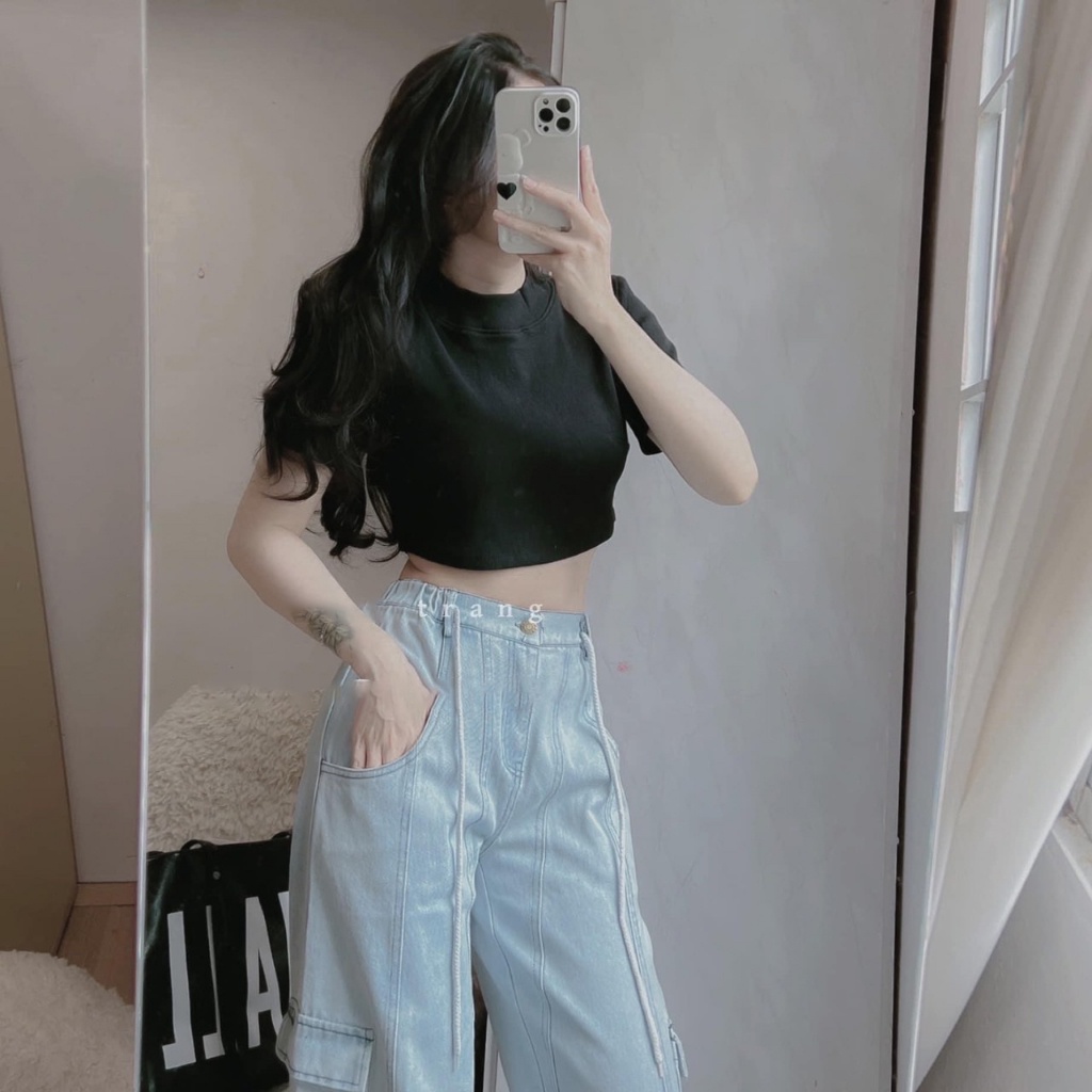Set áo croptop pull đen kèm quần suông jean Freesize Hari Fashion - SR225