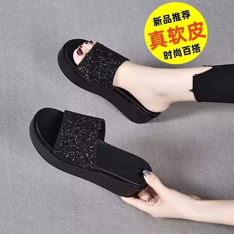 Dép Xỏ Ngón Đế Dày Quai Ngang Đính Kim Sa Lấp Lánh Thời Trang Đi Biển Mùa Hè 2023 Phong Cách Mới Cho Nữ