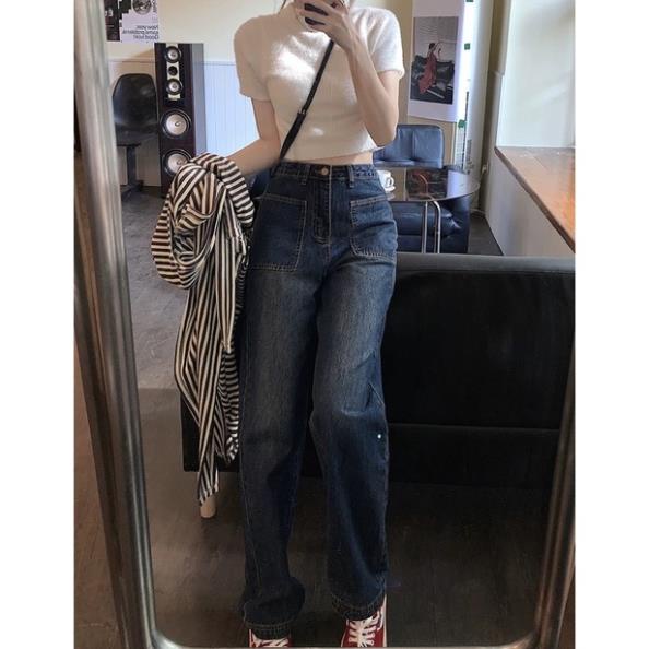đc Hot  Quần denim ống rộng cạp cao 2 túi mặt trước DC c