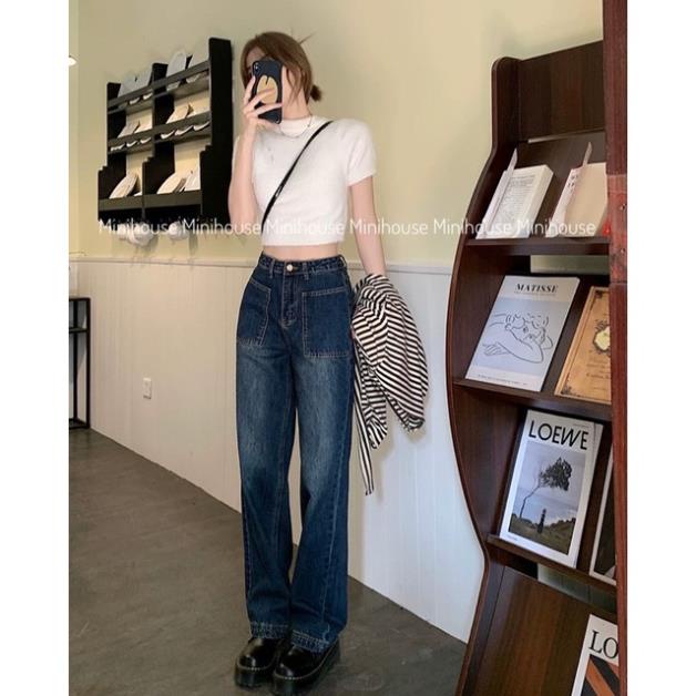 đc Hot  Quần denim ống rộng cạp cao 2 túi mặt trước DC c | BigBuy360 - bigbuy360.vn