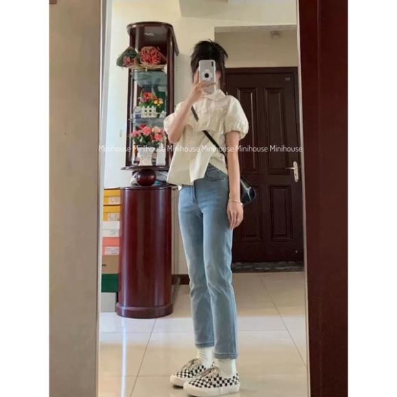 đc Hot [Mã FATRENDW3 giảm đến 30K đơn 99K] Quần jeans ống đứng màu xanh nhạt co dãn có may gấu DC c