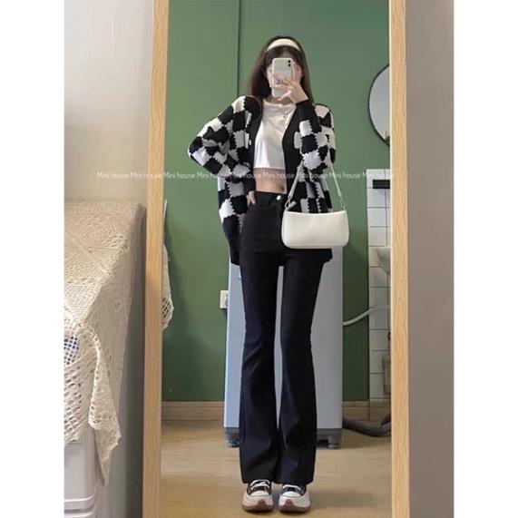 đc Hot Quần jean ống loe cạp cao màu đen co dãn DC c | BigBuy360 - bigbuy360.vn