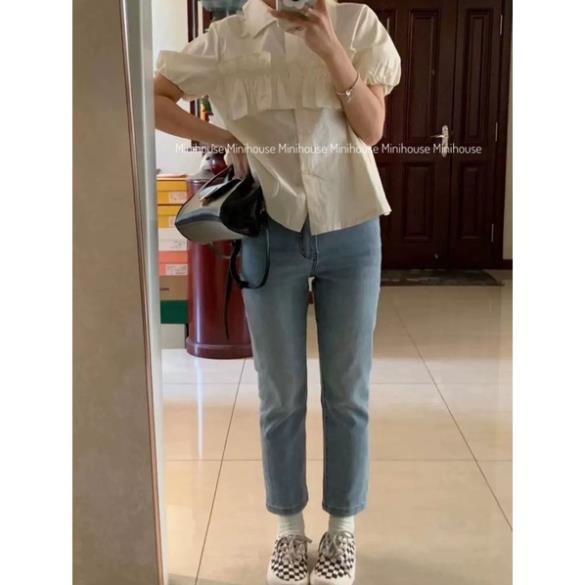 đc Hot Quần jeans ống đứng màu xanh nhạt co dãn có may gấu DC c | BigBuy360 - bigbuy360.vn