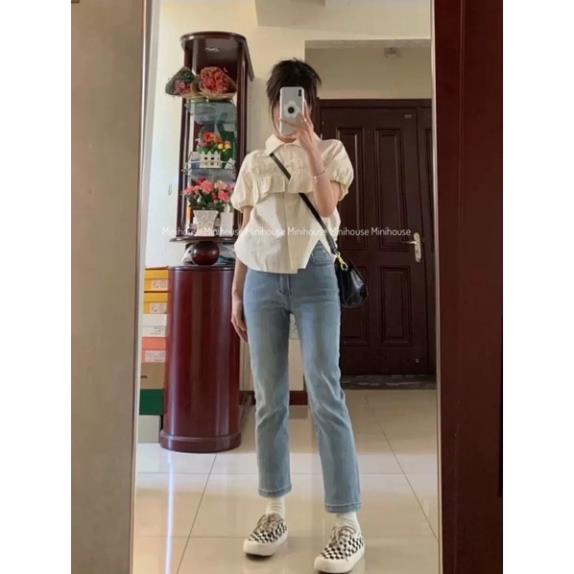 đc Hot Quần jeans ống đứng màu xanh nhạt co dãn có may gấu DC c | BigBuy360 - bigbuy360.vn