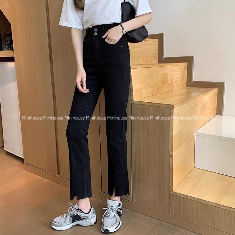 đc Hot Quần jean cạp cao ống đứng xẻ giữa 2 màu đen xanh DC c | BigBuy360 - bigbuy360.vn