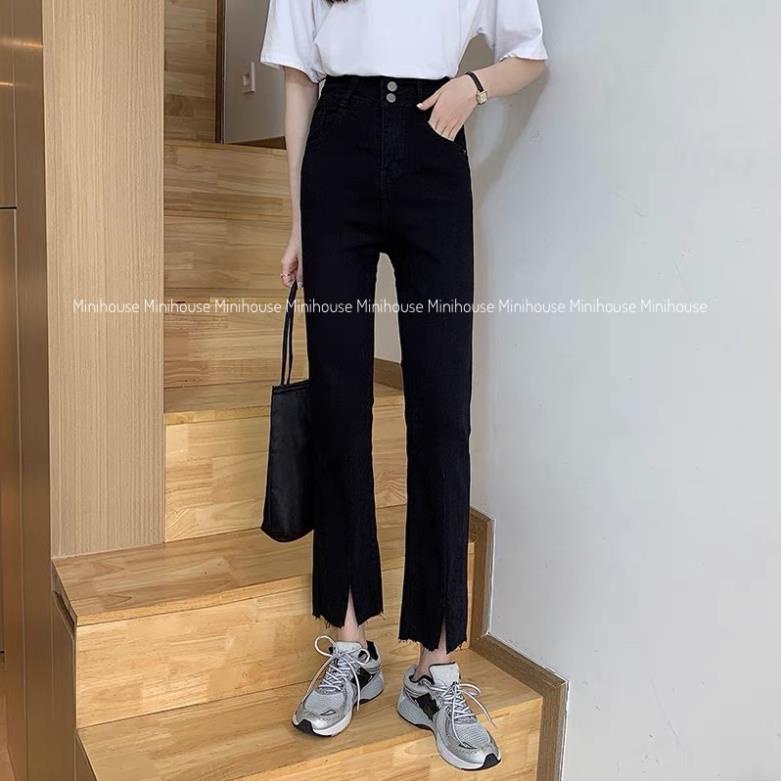 đc Hot Quần jean cạp cao ống đứng xẻ giữa 2 màu đen xanh DC c | BigBuy360 - bigbuy360.vn