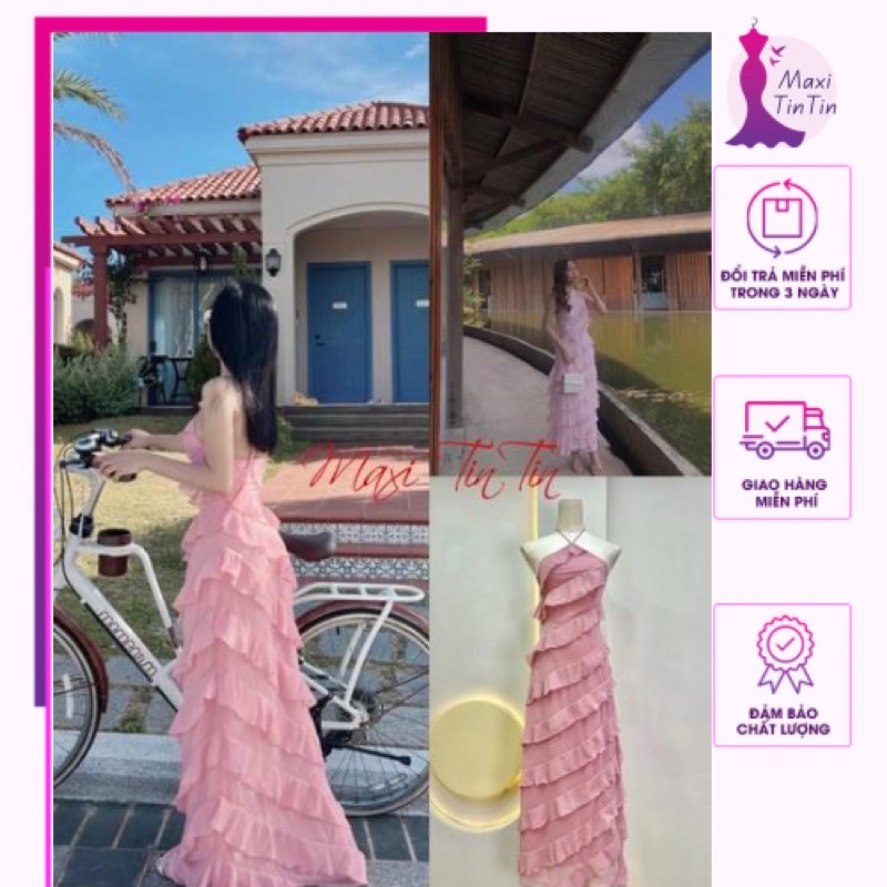 Đầm váy maxi cổ yếm viền bèo màu hồng phấn siêu xinh dễ thương ngọt ngào phong cách tiểu thư-MaxiTinTin