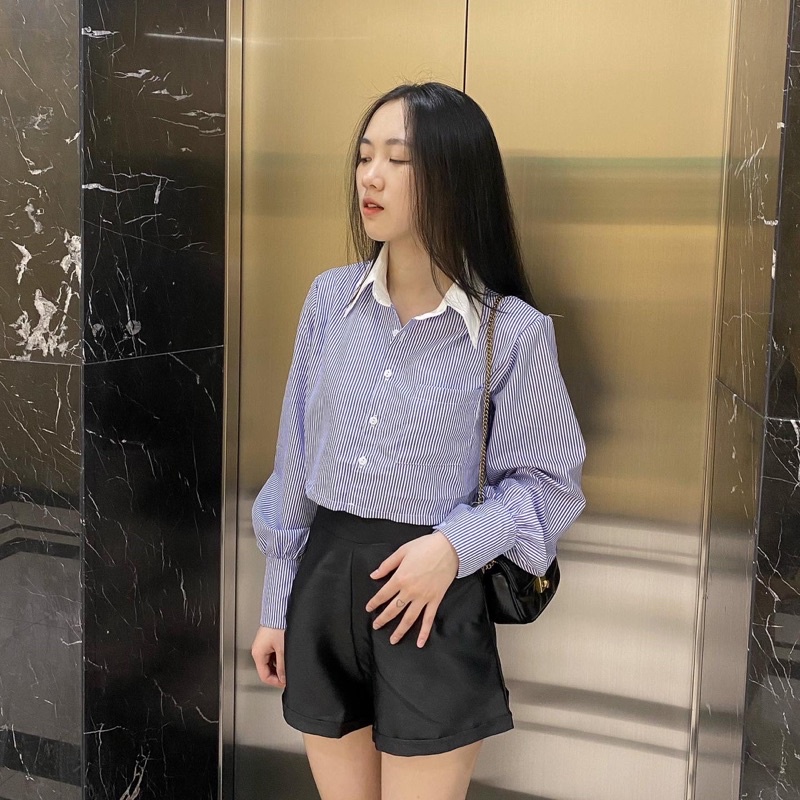 Áo sơ mi kẻ croptop, áo sơ mi dáng ngắn hàn quốc - quinni.igg | BigBuy360 - bigbuy360.vn