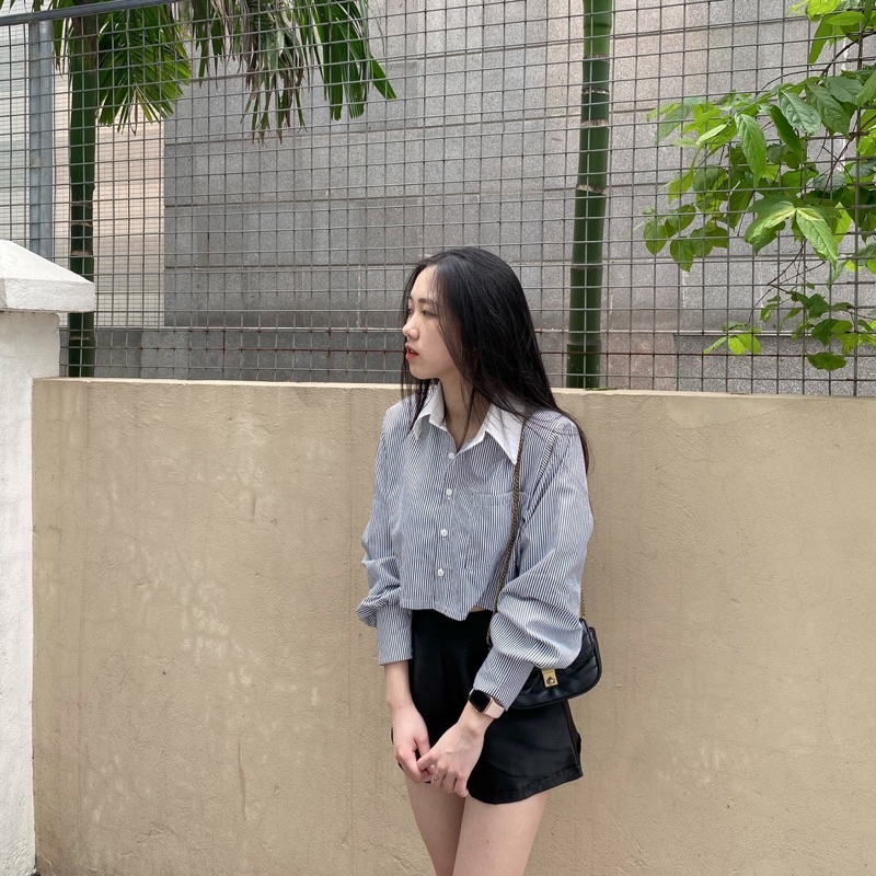 Áo sơ mi kẻ croptop, áo sơ mi dáng ngắn hàn quốc - quinni.igg | BigBuy360 - bigbuy360.vn