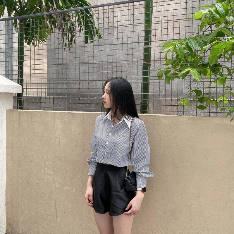 Áo sơ mi kẻ croptop, áo sơ mi dáng ngắn hàn quốc - quinni.igg | BigBuy360 - bigbuy360.vn