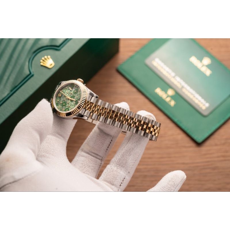 Đồng hồ nữ cao cấp Rolex máy Thụy Sĩ size 31mm dây thép demi mặt khảm lục bảo hành 2 năm