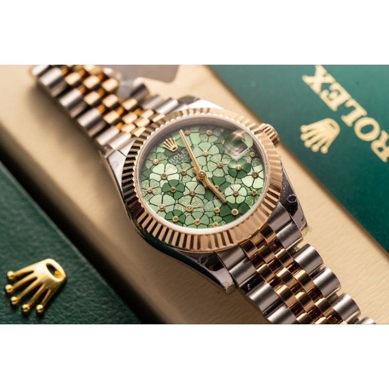 Đồng hồ nữ cao cấp Rolex máy Thụy Sĩ size 31mm dây thép demi mặt khảm lục bảo hành 2 năm