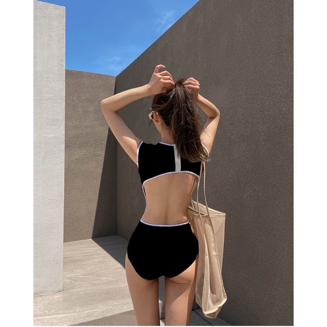 Bikini một mảnh khoét lưng sexy, đồ bơi nữ ba lỗ 2 màu đen - nâu