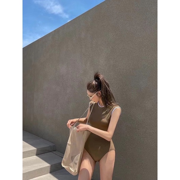 Bikini một mảnh khoét lưng sexy, đồ bơi nữ ba lỗ 2 màu đen - nâu