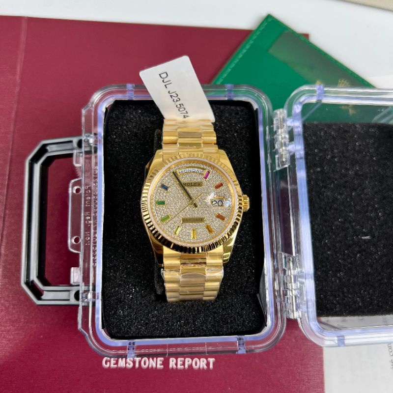 Đồng hồ nam cao cấp Rolex máy Thụy Sĩ chạy cơ size 40mm dây thép gold mặt full đá bảo hành 2 năm