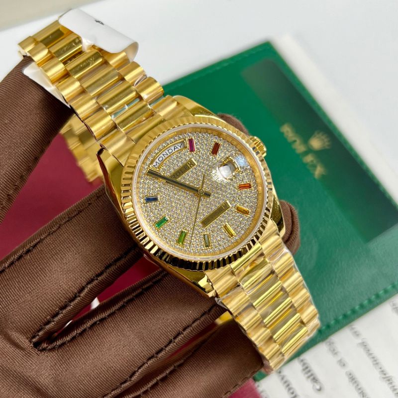 Đồng hồ nam cao cấp Rolex máy Thụy Sĩ chạy cơ size 40mm dây thép gold mặt full đá bảo hành 2 năm