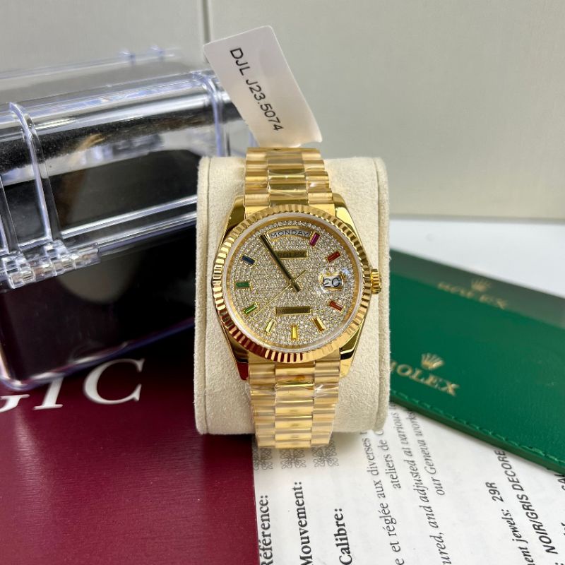 Đồng hồ nam cao cấp Rolex máy Thụy Sĩ chạy cơ size 40mm dây thép gold mặt full đá bảo hành 2 năm
