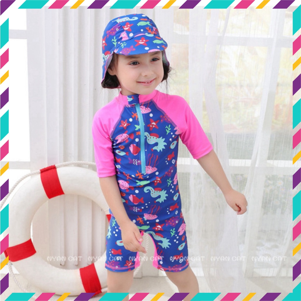Bộ bơi bé gái kèm mũ che gáy size đại 10-46kg áo quần bơi liền thân lửng tay trẻ con từ 1-13 tuổi