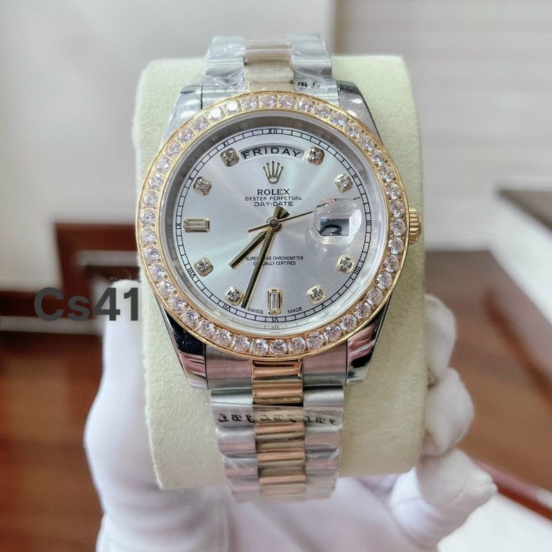 Đồng hồ nam cao cấp Rolex chạy cơ size 41mm dây thép gold và demi viền đá bảo hành 2 năm