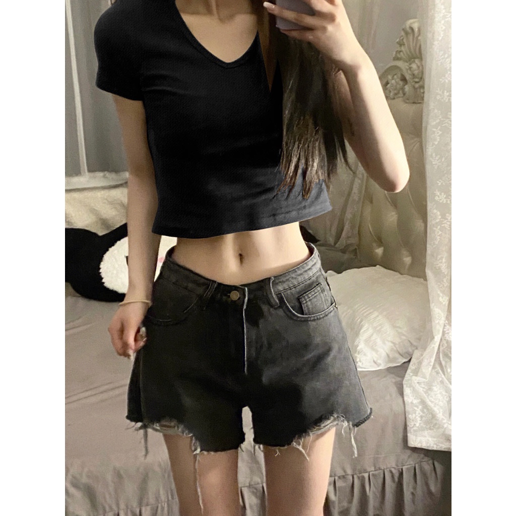 Áo Thun Nữ Ngắn Tay Cổ Chữ V Màu Trơn Phong Cách Mới