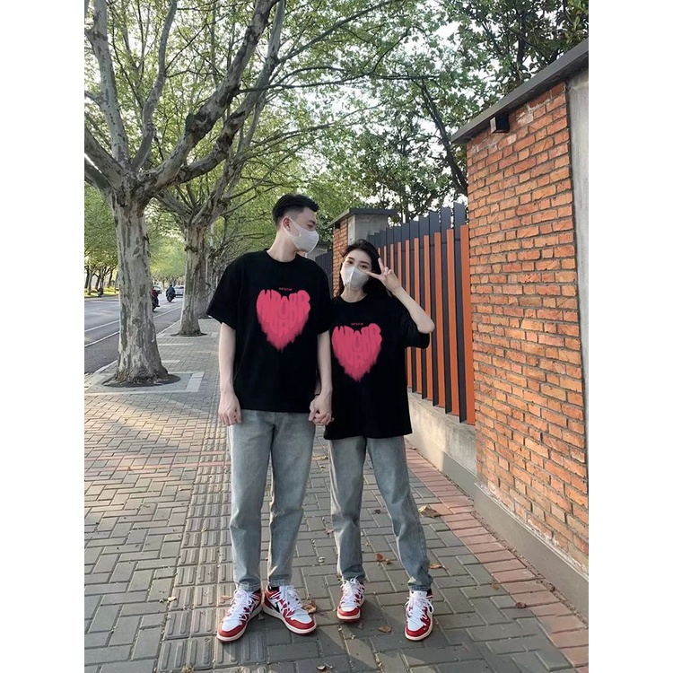Áo Thun Tay Ngắn Dáng Rộng In Hình Trái Tim Phong Cách Mỹ Thời Trang Mùa Hè Cho Cặp Đôi Jiashucheng150kg