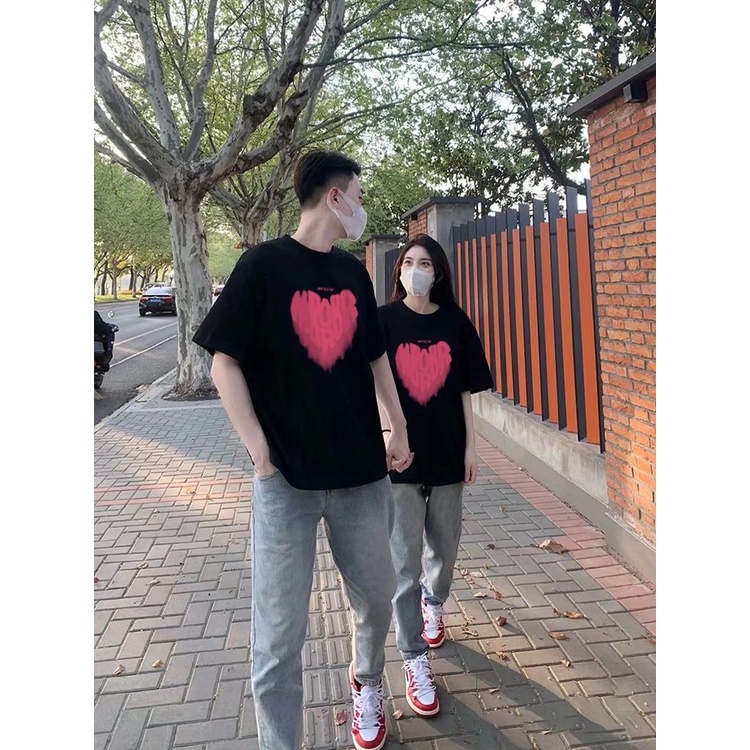 Áo Thun Tay Ngắn Dáng Rộng In Hình Trái Tim Phong Cách Mỹ Thời Trang Mùa Hè Cho Cặp Đôi Jiashucheng150kg