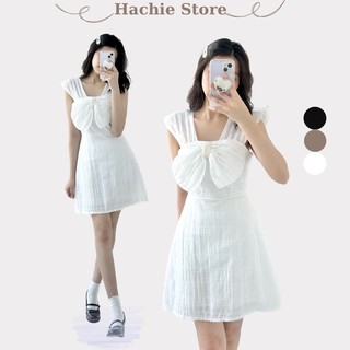 [SẴN - ẢNH THẬT] Đầm trắng chữ A xoè nhẹ nơ to trước ngực HACHIE