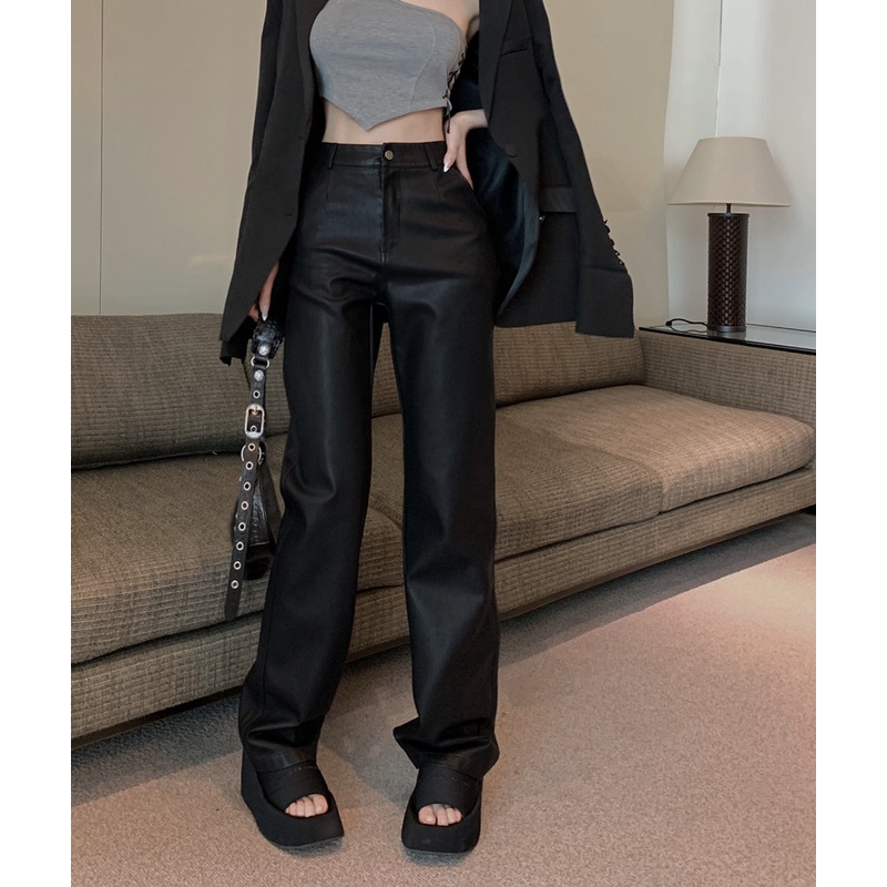 Cocory vn Quần Da PU Ống Rộng Lưng Cao Thời Trang Hàn Quốc Cho Nữ