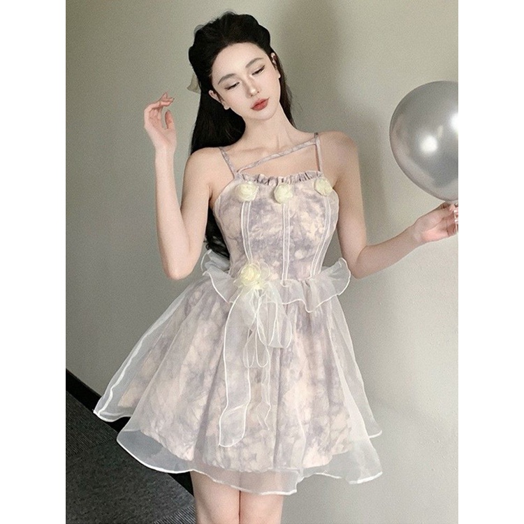 Đầm Công Chúa Hai Dây Viền Cánh Sen Nhỏ Kiểu Pháp Ngọt Ngào Thời Trang Mùa Hè