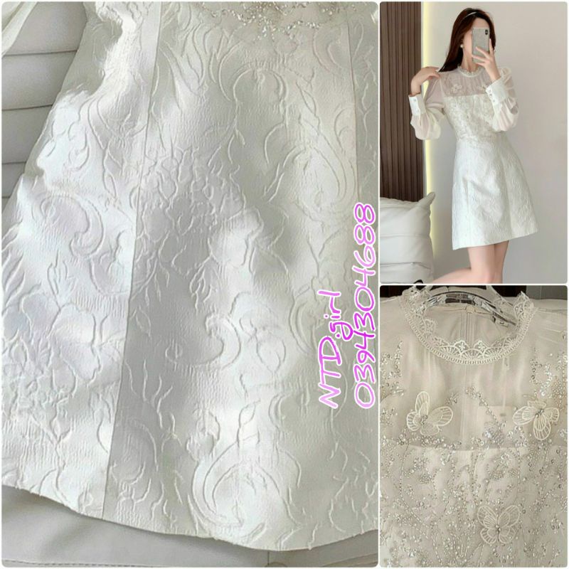 Hàng nhập - Đầm dáng suông ôm nhẹ gấm hoa tay dài, váy trắng tiểu thư cổ tròn viền ren